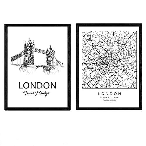 Nacnic Poster inpakken Londen Tower Bridge. Bladeren met monumenten van steden. A3-formaat