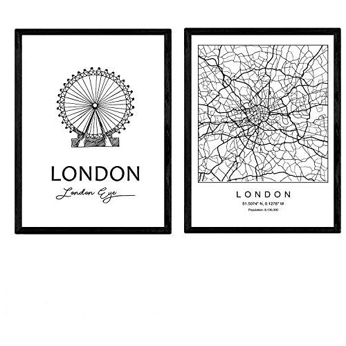 Nacnic Pack Poster Londen The Eye. Bladeren met monumenten van steden. A3-formaat