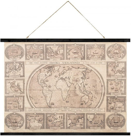 Balvi wandposter Oude Wereldkaart 74 cm hout/canvas bruin - Bruin