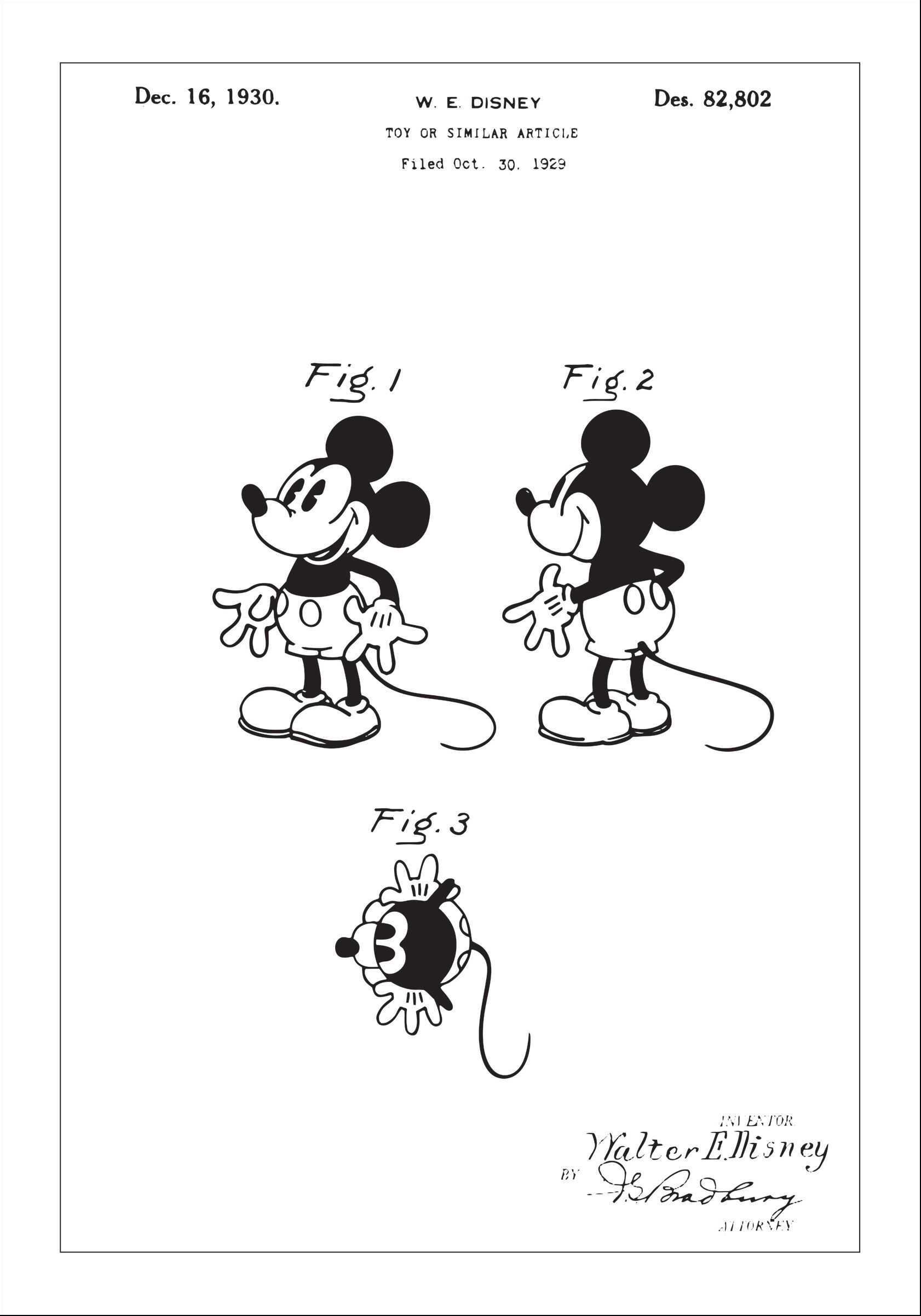 Lagervaror egen produktion Patenttegning - Disney - Mickey Mouse - Poster Plakat (30x40 Cm)