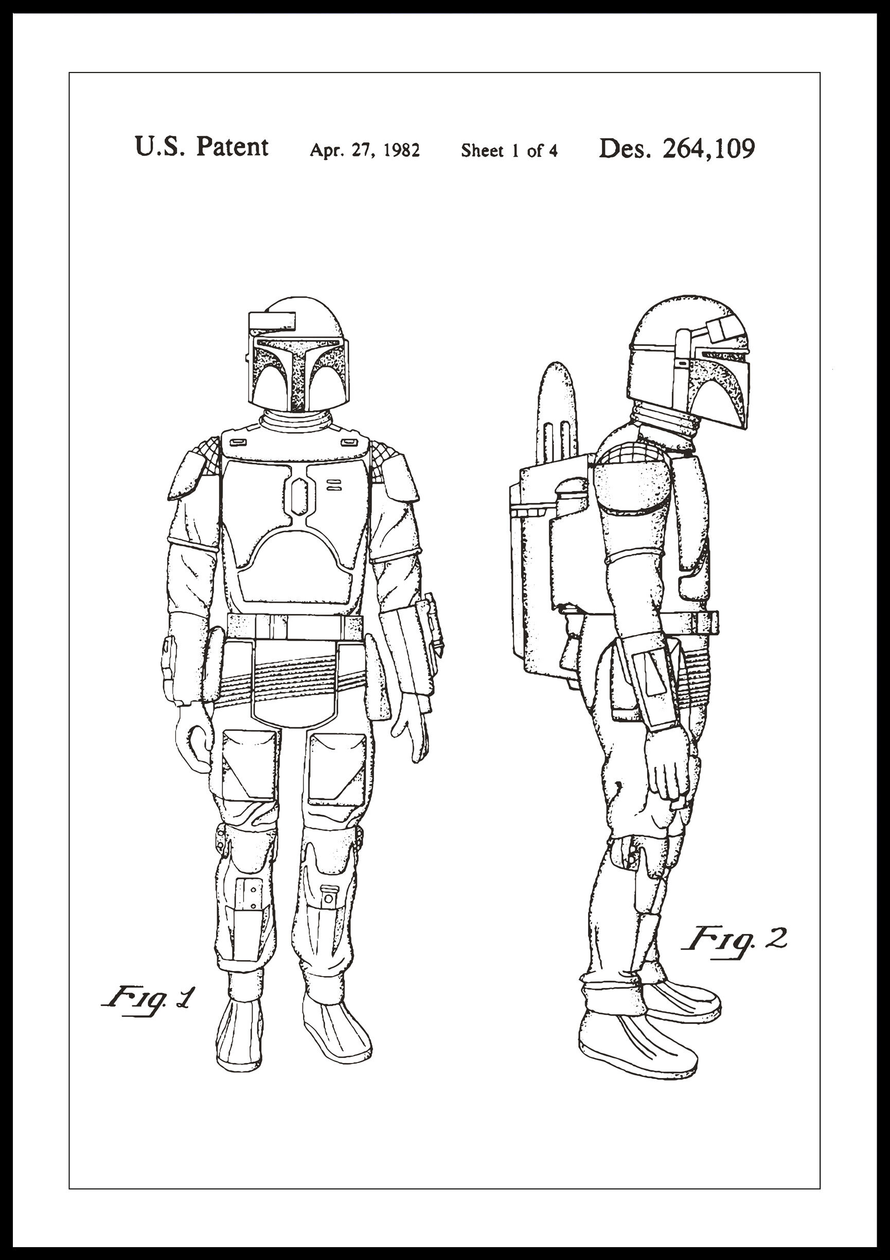 Lagervaror egen produktion Patenttegning - Star Wars - Boba Fett - Hvit Plakat (40x50 Cm)