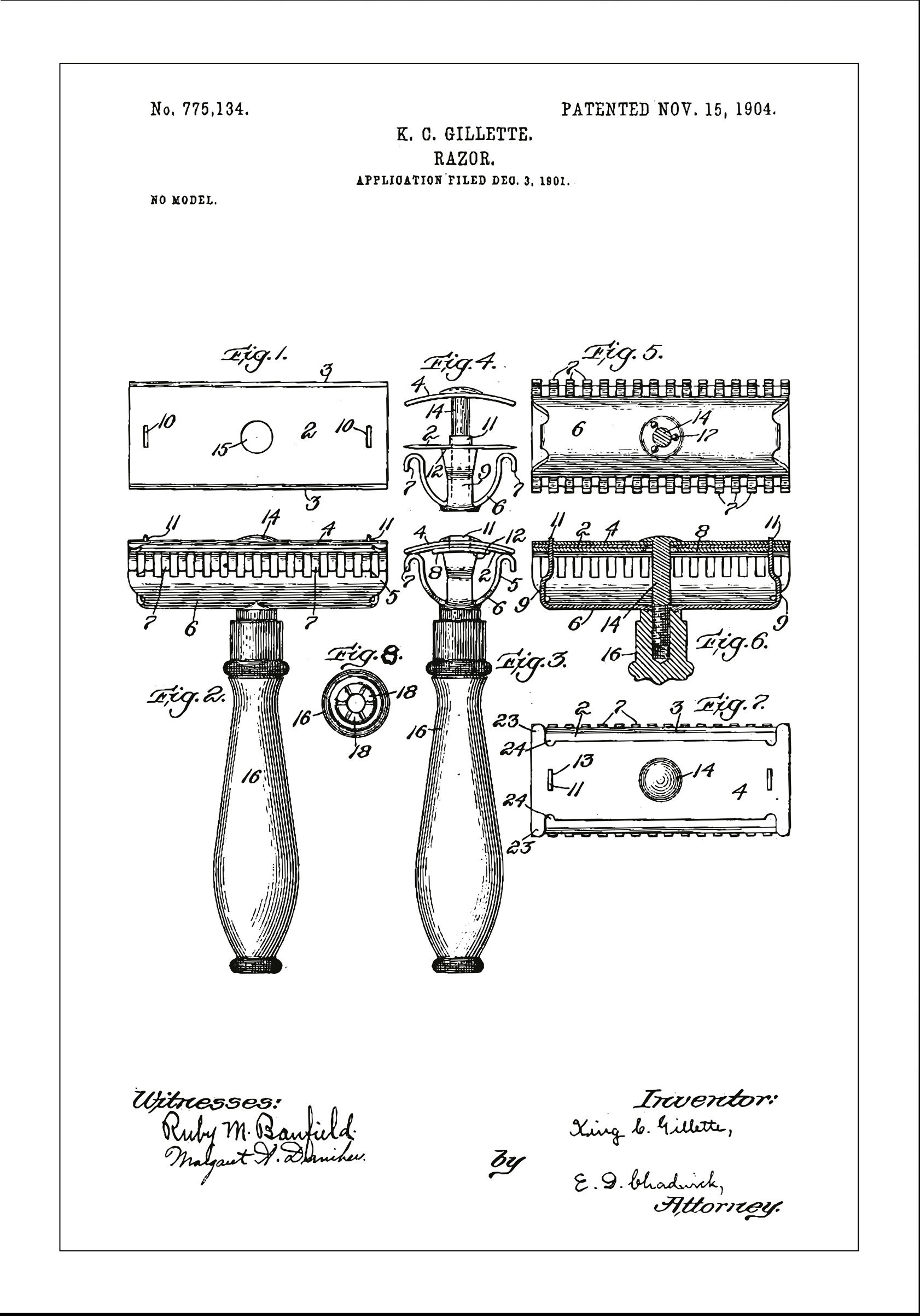 Lagervaror egen produktion Patenttegning - Barberhøvel - Hvit Plakat (21x29.7 Cm (A4))