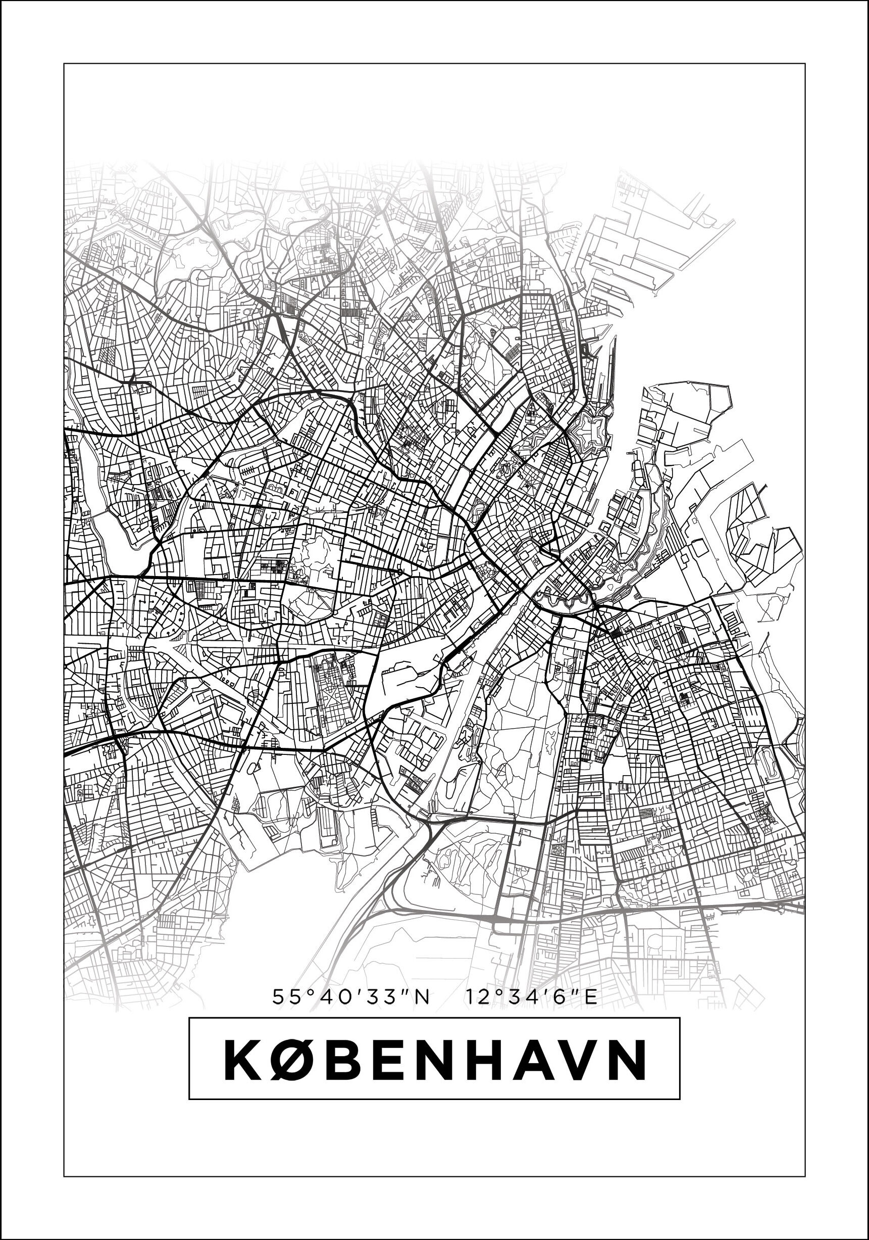 Lagervaror egen produktion Kart - København - Hvit Plakat (30x40 Cm)