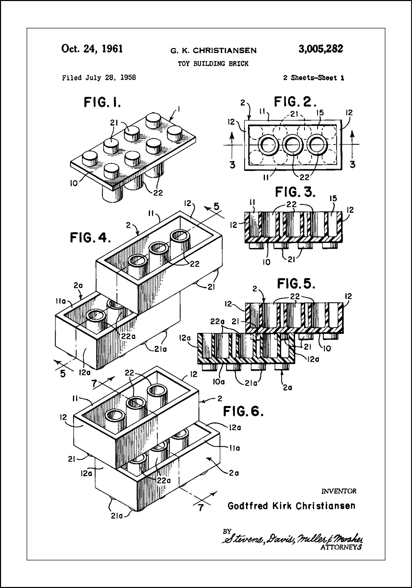 Lagervaror egen produktion Patent Print - Lego Block I - White Plakat (21x29.7 Cm (A4))