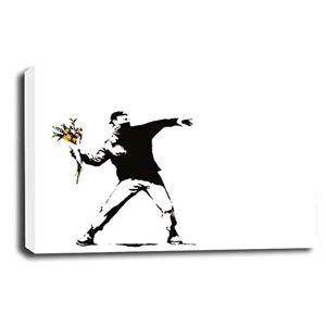 LR Banksy Flower Thrower Art Print Grey White Graffiti Framed Canvas Wall Picture Ready to Hang