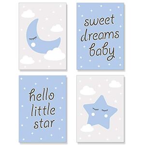 PREMYO Wall Art Prints Nursery Decor - Baby Room Decoration Boy - Kids Poster Set Star Moon Cloud Blue Picture A4 Size