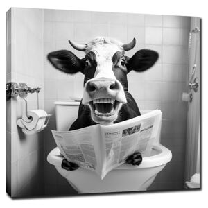 ZHJLUT Black White Cute Cow Decor - Abstract Lovely Animals Reading Newspaper in Bathroom Wall Decoration Modern artwork 12x12 inches Framed Painting Canvas Wall Art Print Poster For Restroom Bathroom