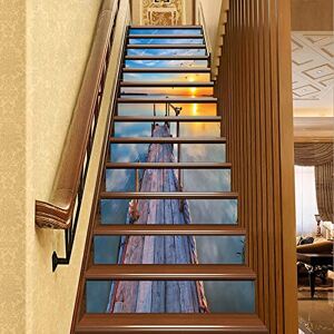 FLFK 3D Sunset Wood Bridge Pier Stair Stickers Peel and Stick Stair Riser Decals Stickers Self-Adhesive Wall Murals Vinyl Wallpaper for Home Decor 39.3Inch x7.08Inch x 13pcs