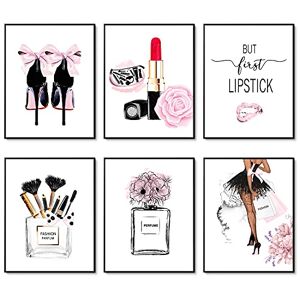 HoozGee Pink Room Decor Fashion Wall Art Prints Set of 6 Pink Flower Perfumes Lipstick Makeup Art Posters Girls Makeup Room Decor for Bedroom Decor (11"x14" UNFRAMED)
