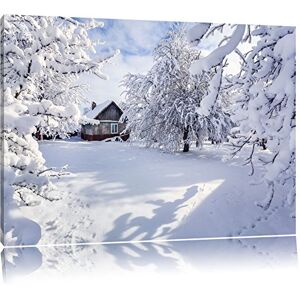 Pixxprint Winter landscape with cottage canvas, XXL huge Pictures completely framed with stretcher, Art print on wall picture with frame, cheaper than oil paintings and picture, no poster or poster size: 80x60 cm