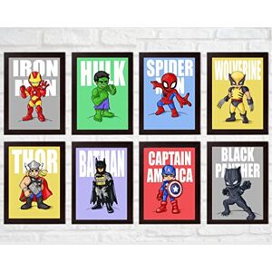 Safari Art Set of 8 Superhero Wall Art for Kids Room- Personalized Avengers Wall Art Prints - Spiderman, Ironman, Hulk, Batman Art Posters for Kids Bedroom (10 x 8 inches)