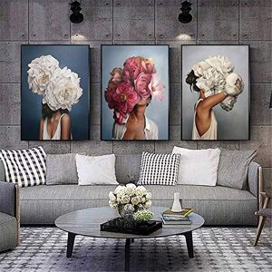 GSMWY Flowers Feathers Woman Abstract Canvas Painting Wall Art Print Poster Picture Decorative Painting Living Room Home Decoration 50x70cm 3PCS NO Frame