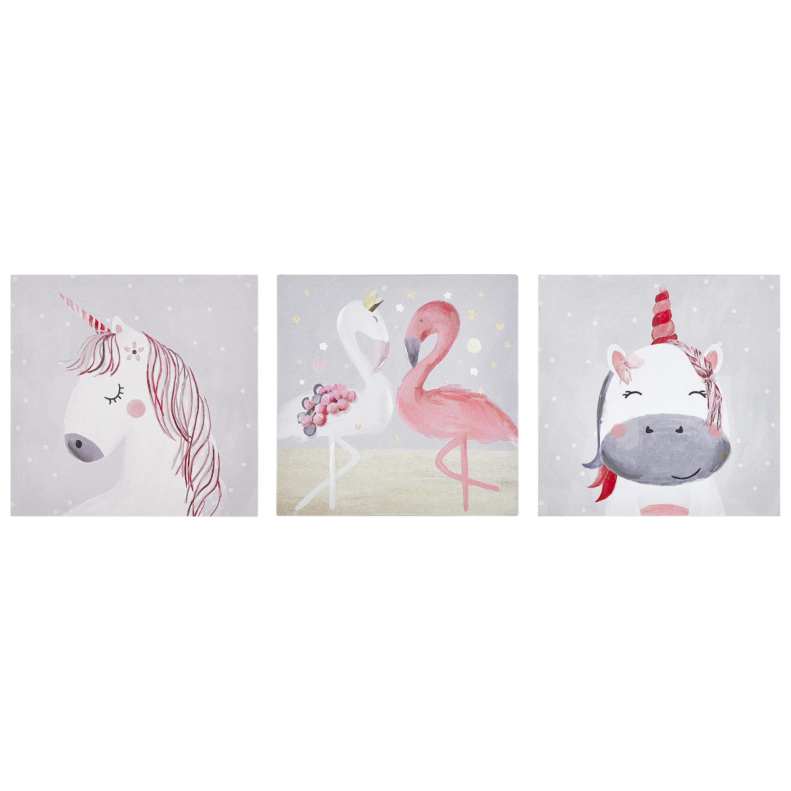 Beliani Set of 3 Art Prints Grey and Pink Polyester Canvas 30 x 30 cm Mounting Hooks Kids Room Material:Polyester Size:3x30x30