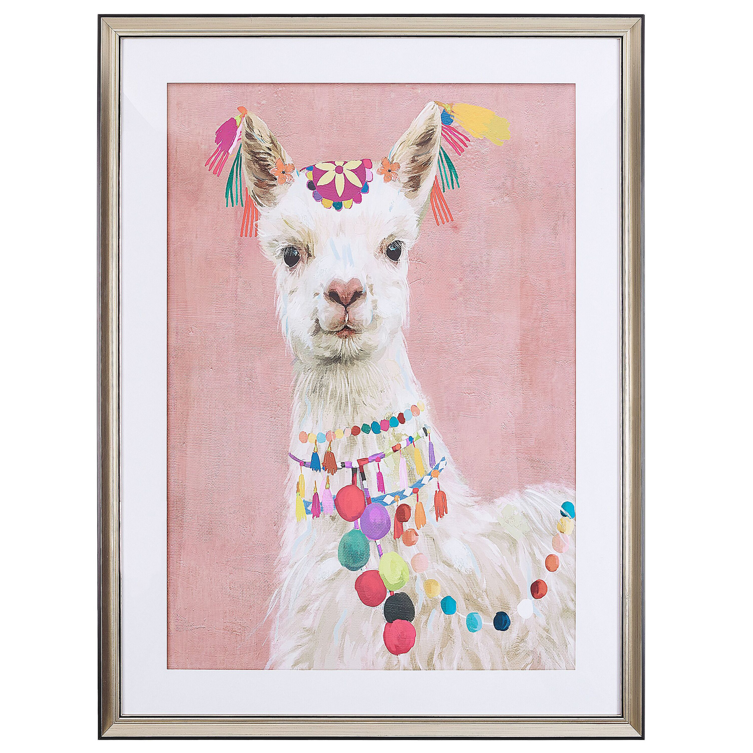 Beliani Framed Wall Art Lama Print Pink Brass Frame 60 x 80 cm Passe-Partout Kids Room Boho Material:Paper Size:5x80x60