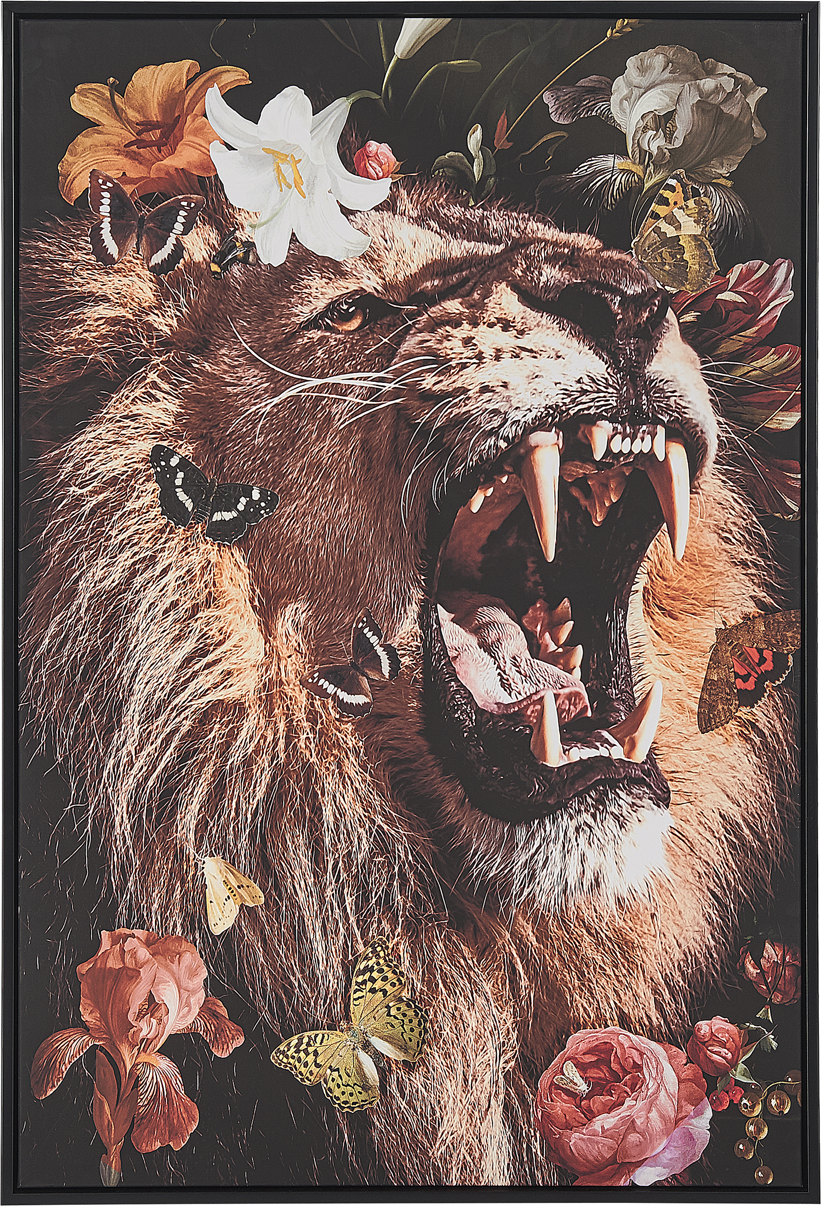 Beliani Framed Canvas Wall Art Multicolour 63 x 93 cm Lion Print Animal Floral Motif Modern Boho Wall Décor for Living Room Bedroom Material:Polyester Size:5x93x63