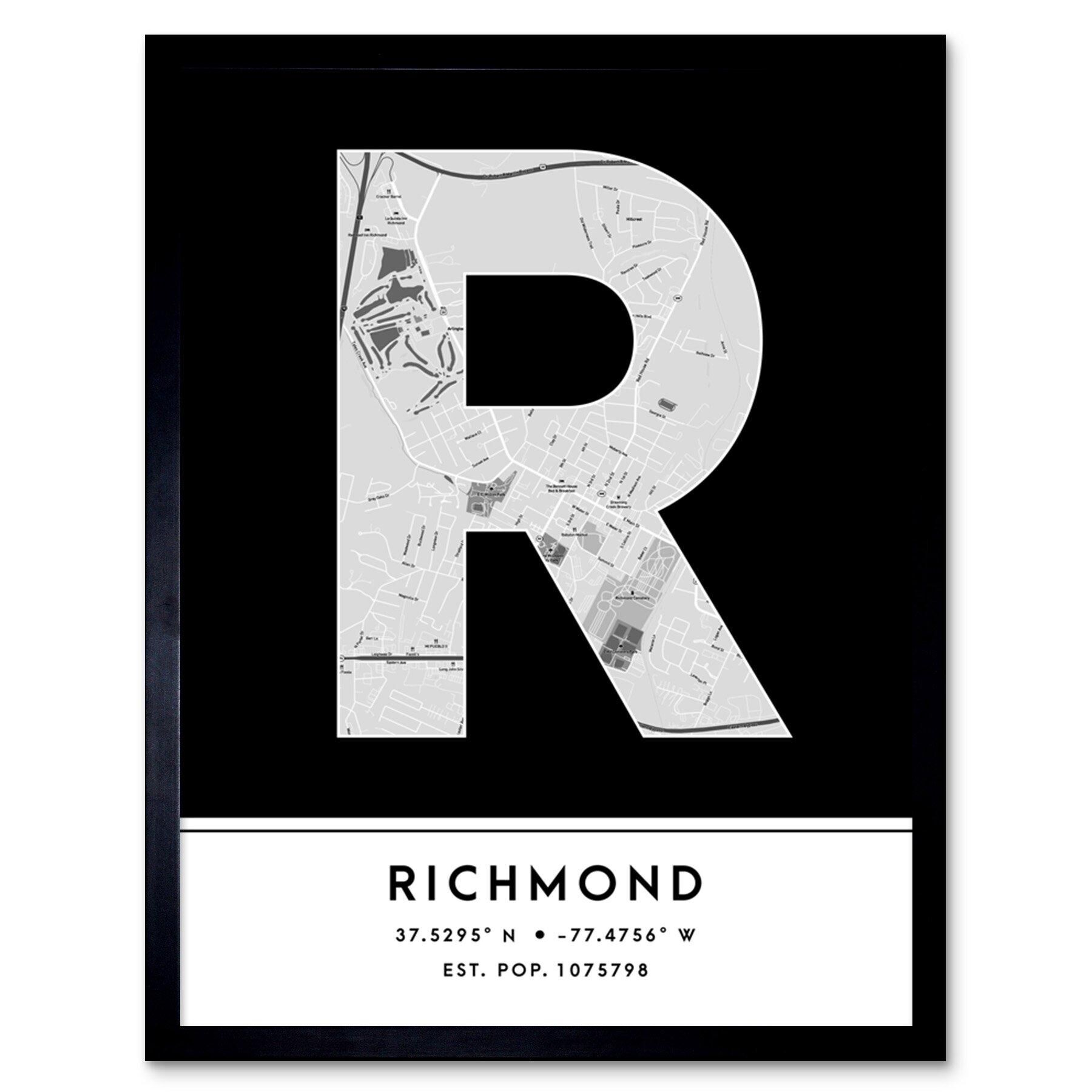 Wee Blue Coo Richmond United States City Map Modern Typography Stylish Letter Framed Word Wall Art Print Poster for Home Décor