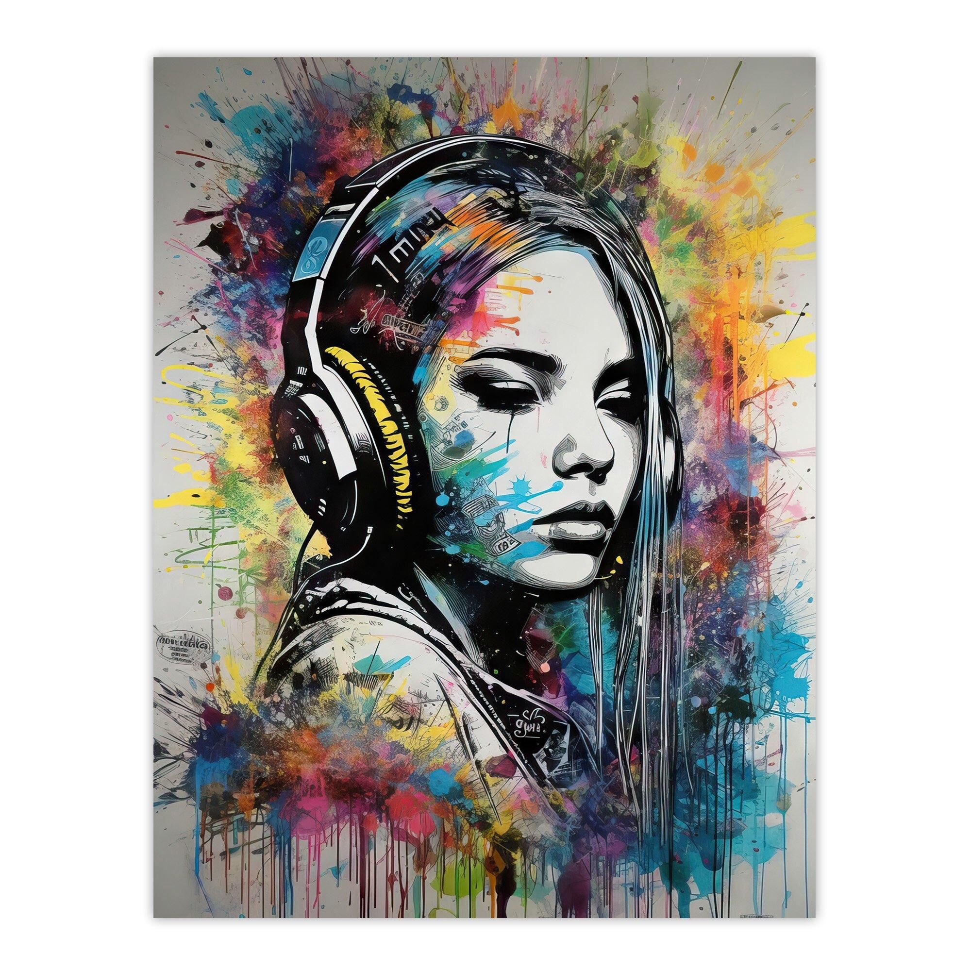 Artery8 Music Girl Headphones Watercolour Grunge Emo Teen Bedroom Unframed Wall Art Print Poster Home Decor Premium