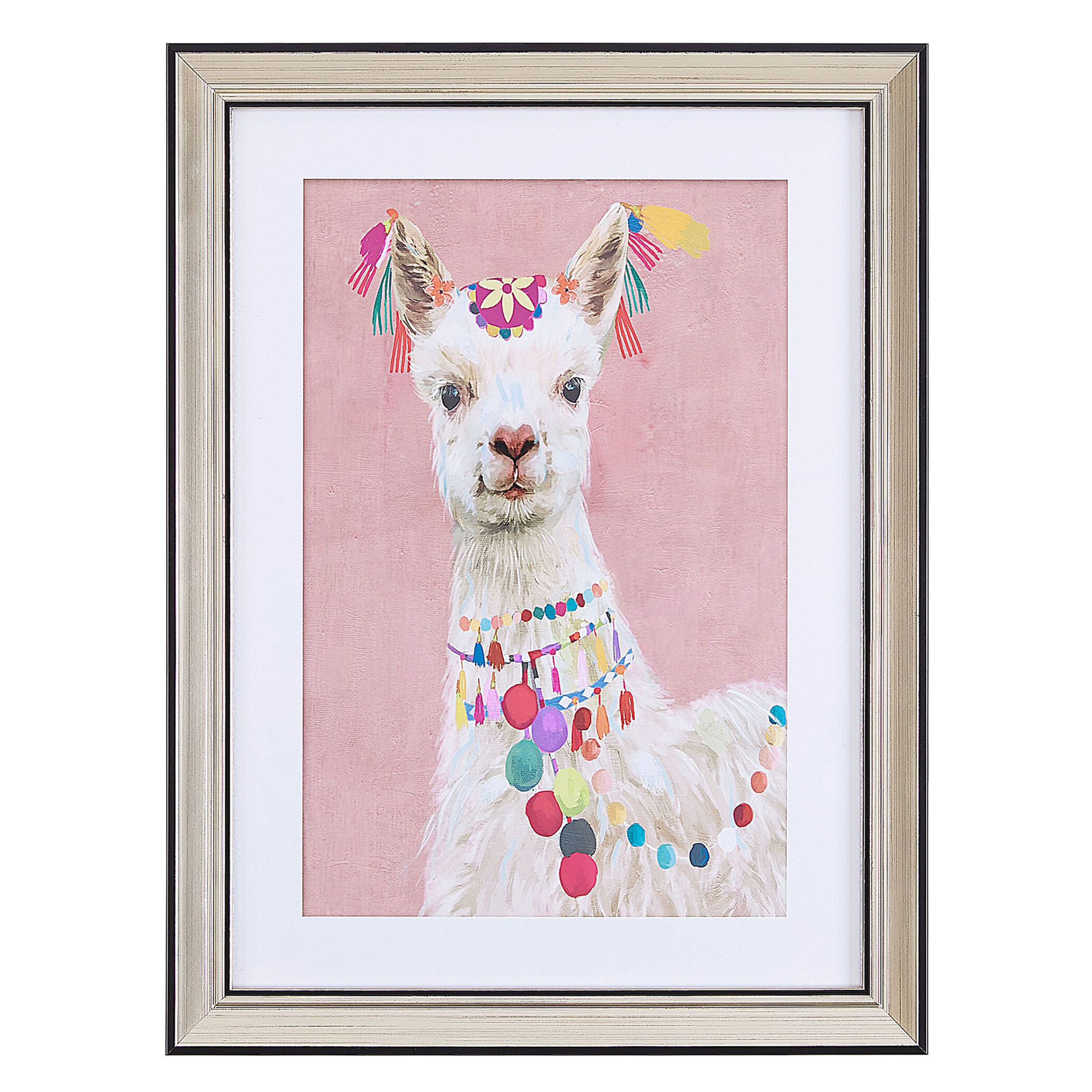 Beliani Framed Wall Art Lama Print Pink Brass Frame 30 x 40 cm Passe-Partout Kids Room Boho