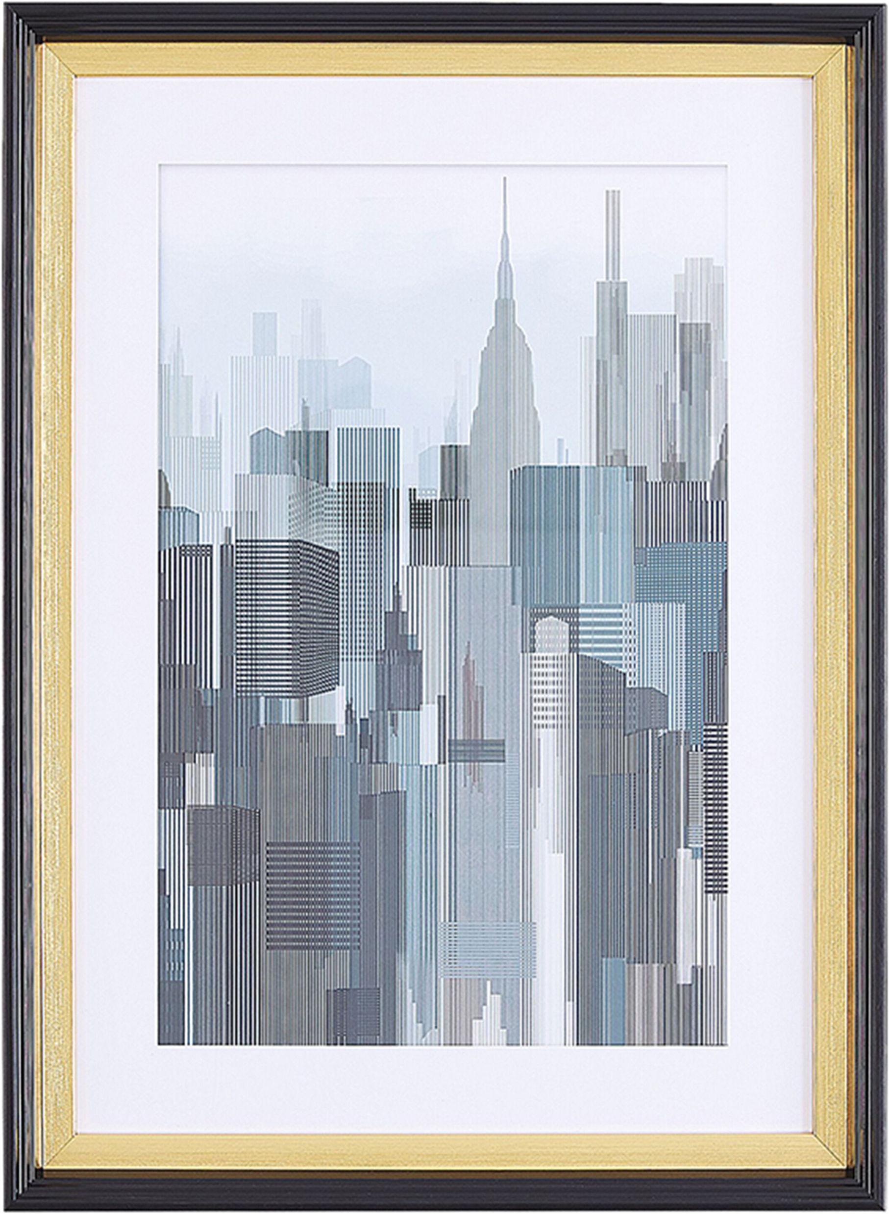 Beliani Framed Wall Art Blue and Grey Print Gold and Black Frame 60 x 80 cm Skyscrapers City Passe-Partout Industrial Minimalist