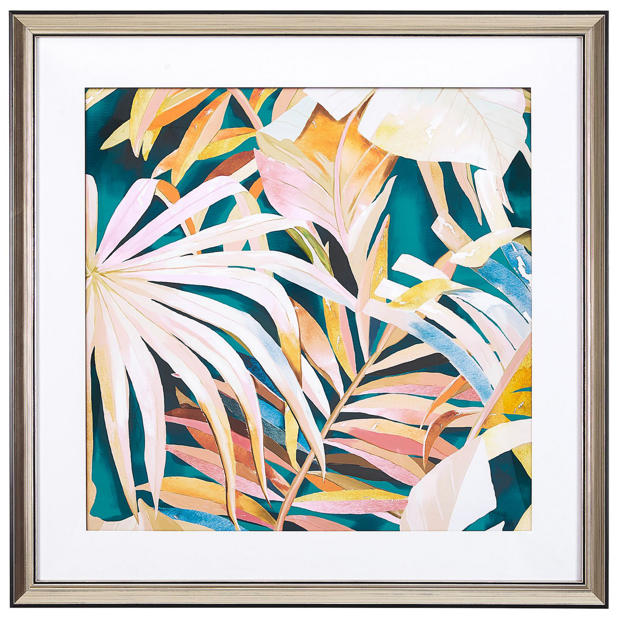 Beliani Framed Wall Art Multicolour Print on Paper 60 x 60 cm Passe-partout Frame Palm Leaf Theme