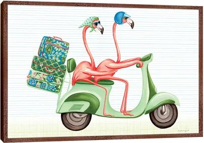 Happy Larry Flamingos Vespa by Amélie Legault - Painting Print on Canvas Happy Larry Size: 45.72cm H x 66.04cm W x 3.81cm D, Format: Classic Brown Wood Framed Can  - Size: 40.64cm H x 121.92cm W x 1.91cm D