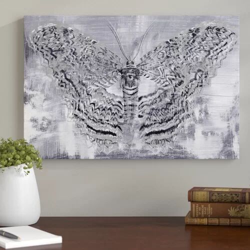 Oliver Gal 'Silver Winged Butterfly' by Blakely Home Art Print Wrapped on Canvas Oliver Gal Size: 61cm H x 92cm W  - Size: 77cm H x 61cm W