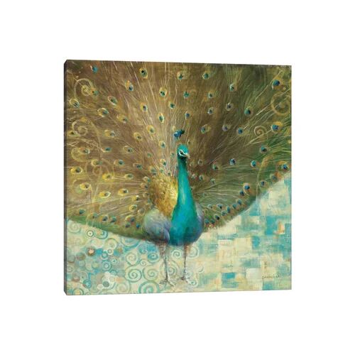 World Menagerie Teal Peacock on Gold by Danhui Nai - Painting Print on Canvas World Menagerie Size: 66.04cm H x 66.04cm W x 3.81cm D, Format: Wrapped Canvas  - Size: Super King (6')