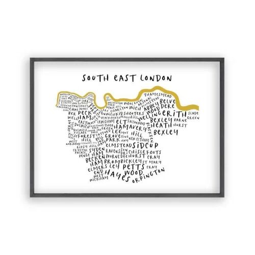 Blim and Blum South East London Typography Map Graphic Art Blim and Blum Format: Black Oak Frame, Size: 31 cm H x 41 cm W x 2.5 cm D  - Size: 204cm H X 83cm W X 4cm D