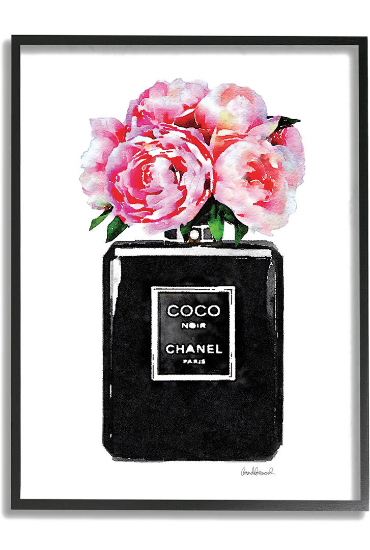 Stupell Glam Perfume Bottle Flower Black Peony Pink Framed Art Framed Art NoColor 16" x 20"