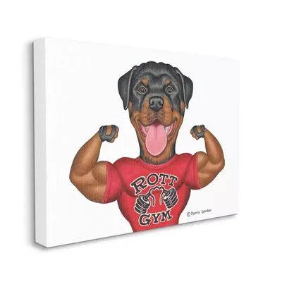 Stupell Home Decor Rott Gym Dog Pun Weightlifting Pet Illustration Canvas Wall Art, White, 30X40