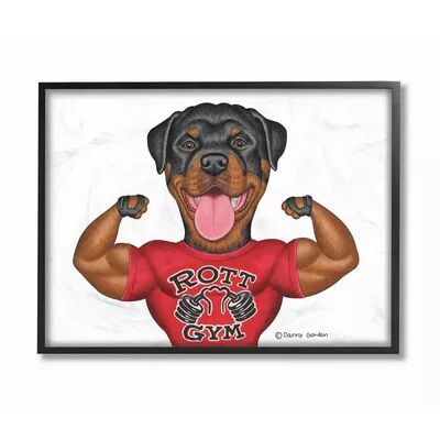 Stupell Home Decor Rott Gym Dog Pun Weightlifting Pet Illustration Framed Wall Art, White, 24X30