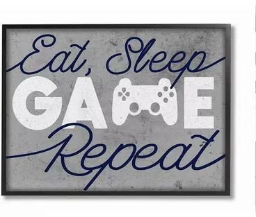 Stupell Home Decor Video Game Controller Eat Sleep Game Repeat Quote Wall Art, Grey, 16X20