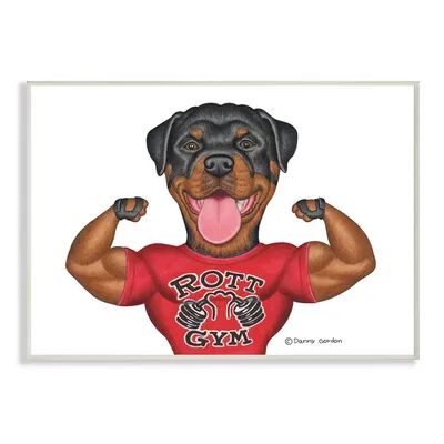 Stupell Home Decor Rott Gym Dog Pun Weightlifting Pet Illustration Wood Wall Art, White, 13X19