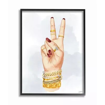 Stupell Home Decor Fashion Forward Peace Hand Sign with Golden Accessories Wall Art, White, 16X20