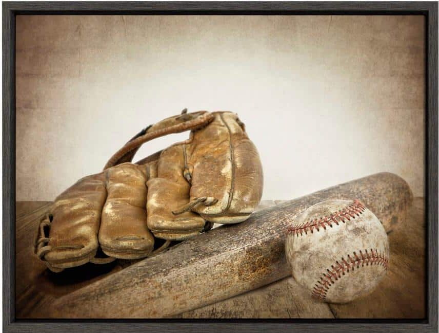 DesignOvation Sylvie "Vintage Baseball Glove and Bat" by Saint and Sailor Studios 24 in. x 18 in. Sports Framed Canvas Wall Art