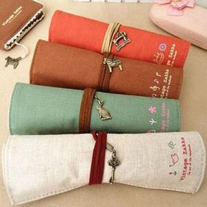 Stationeries Canvas Bag Holder Wrap Roll Up Stationery Pen Brushes Makeup Pencil Case Pouch