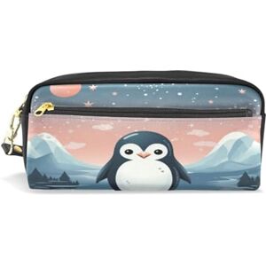 LINNIKEEEE Cute Funny Cartoon Penguin Leather Pencil Case Durable Pen Pouch Makeup Bag Organizer Ideal Boys Girls