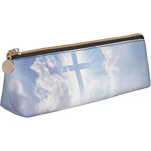 Christian Cross Jesus Pencil Pouch Triangle Pen Case Portable Pencil Bag Leather Organizer with Zipper Cosmetic Pouch Bag