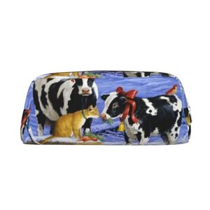 Cpoeixyqlzf FLYIFE Christmas Snow Milk Cow Printed Leather Pencil Case for Students Girls Boys - Pencil Pouch Pen Bag School Office Stationery Makeup Bag Stationery Bag, Silver