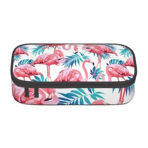 JEWOSS Flamingo Bird Green Plant Leaf Print Pencil Case Stationery Storage Bag for Middle High School College Office Students Girls Boys Teenagers Adults