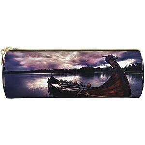 ASEELO Leather Pencil Case Vikings Boat Large Pencil Pen Pouch Bag High Storage Case for Kids Women Men School Office Case