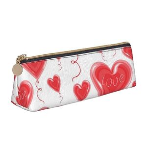 Mknunctyd Romantic Red Heart Triangle Leather Pencil Case for Girls Boys, Pen Pouch & Makeup Bag for Student School Office College