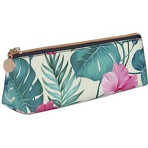 Cacacadfjoge bradkke Palm Tree Leaf Printed Women's Leather Pencil Pouch,Large Capacity Pencil Case Pen Bag with Zipper for Office