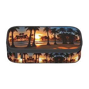 PIXOLE Beach Sunrise and Backlit Palm Trees Print Pencil Box,Pencil Case,Stationery Pouch Pen Case for School Office,Pencil Bag for Adults