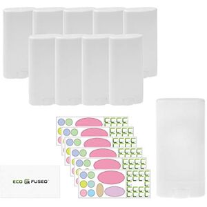 Eco-Fused Deodorant Containers 10-Pack - White - 0.5 Oz (15 ml) - 60 Writable Stickers - Twist Mechanism - Refillable Cosmetic Containers for DIY Homemade Deodorant, Lip Balm, Soap, Lotion Sticks etc.