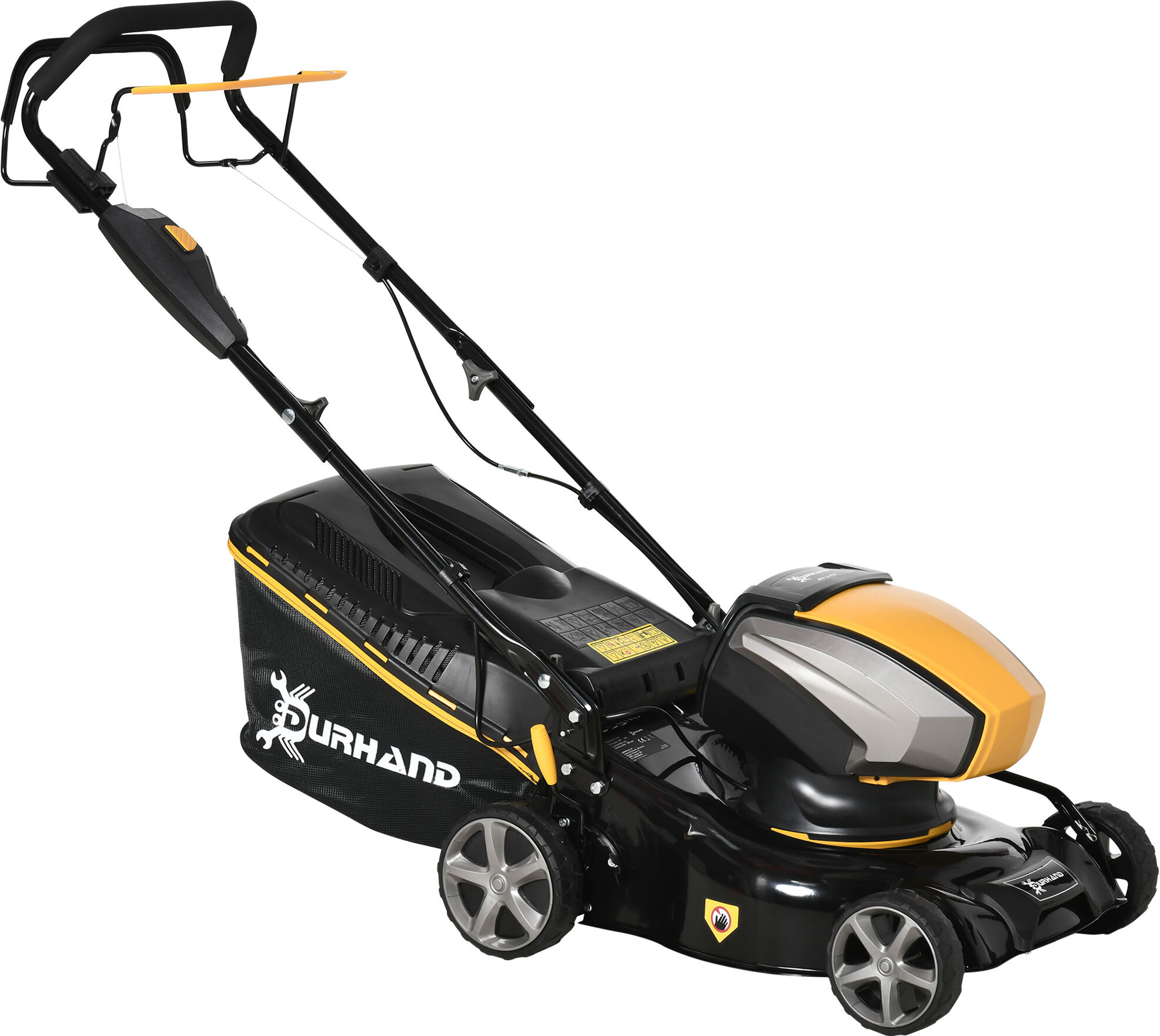 Durhand Tagliaerba Elettrico a Batteria, Motore 800W, Tosaerba con Larghezza di Taglio 42cm e Sacco di Raccolta da 45L