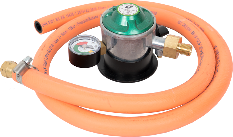 Gassregulator med slange, slangeklemmer og manometer