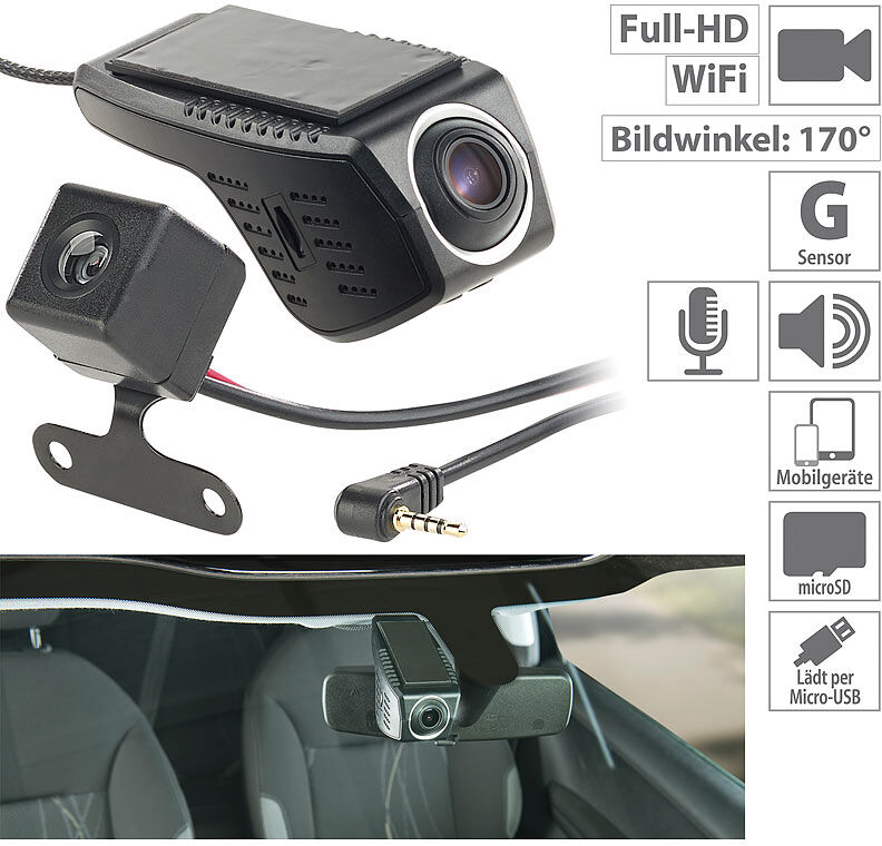 NavGear Unauffällige Full-HD-Dashcam, VGA-Rückfahrkamera, WLAN, G-Sensor, App