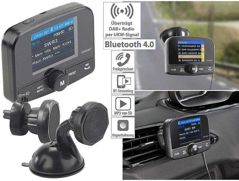 auvisio Kfz-DAB+/DAB-Empfänger, FM-Transmitter, Bluetooth, Freisprech-Funktion