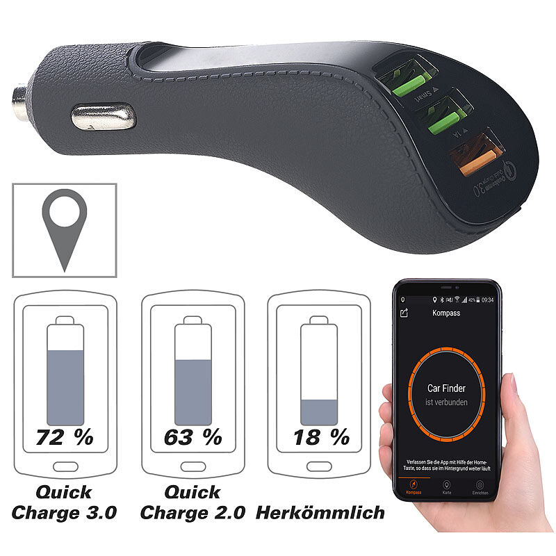 Lescars 3-Port-Kfz-USB-Ladegerät, QC 3.0, Standortmarker, Bluetooth, 12/24 V